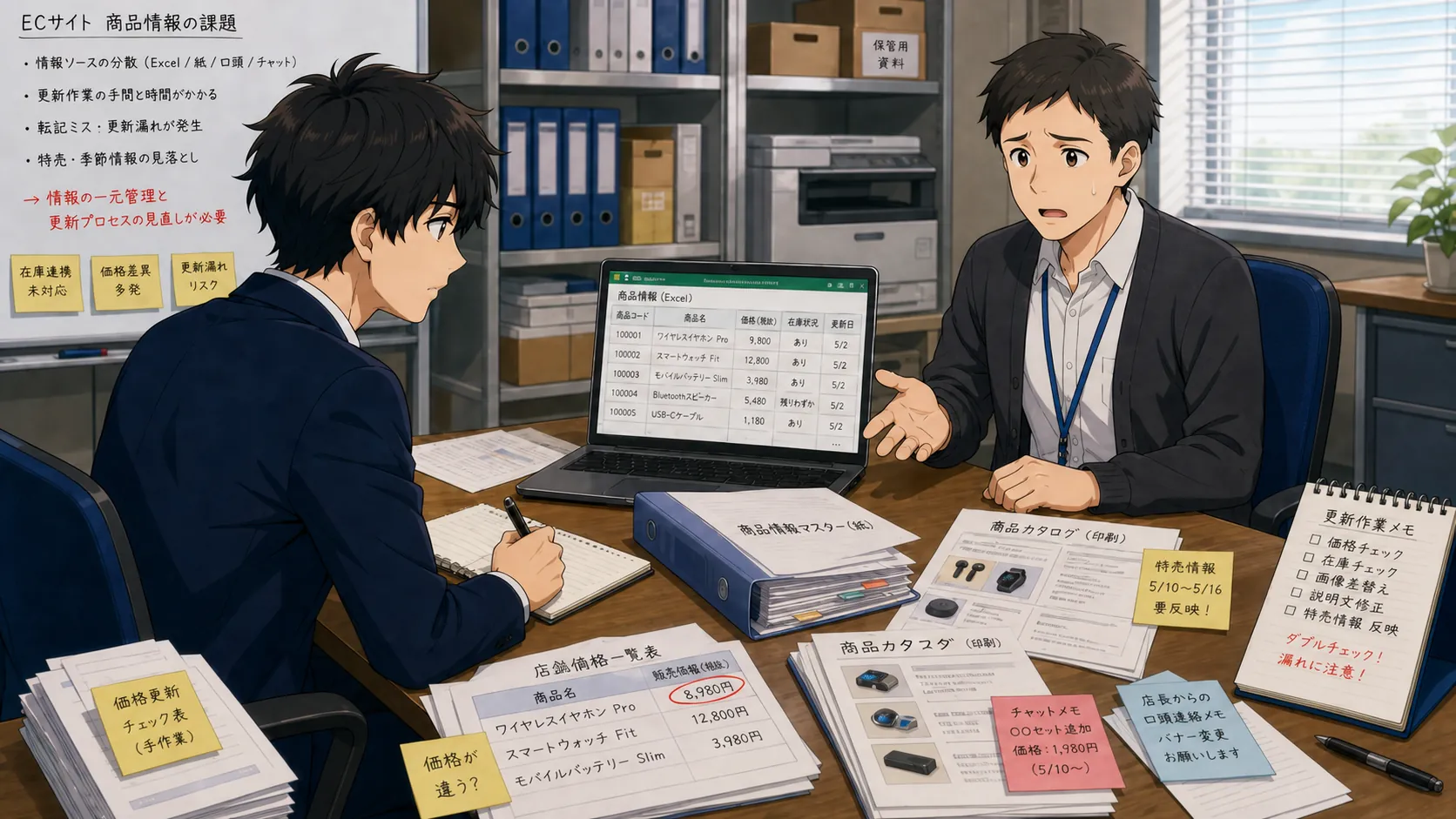 神谷が鈴木勤に商品情報の更新作業を聞き取っている