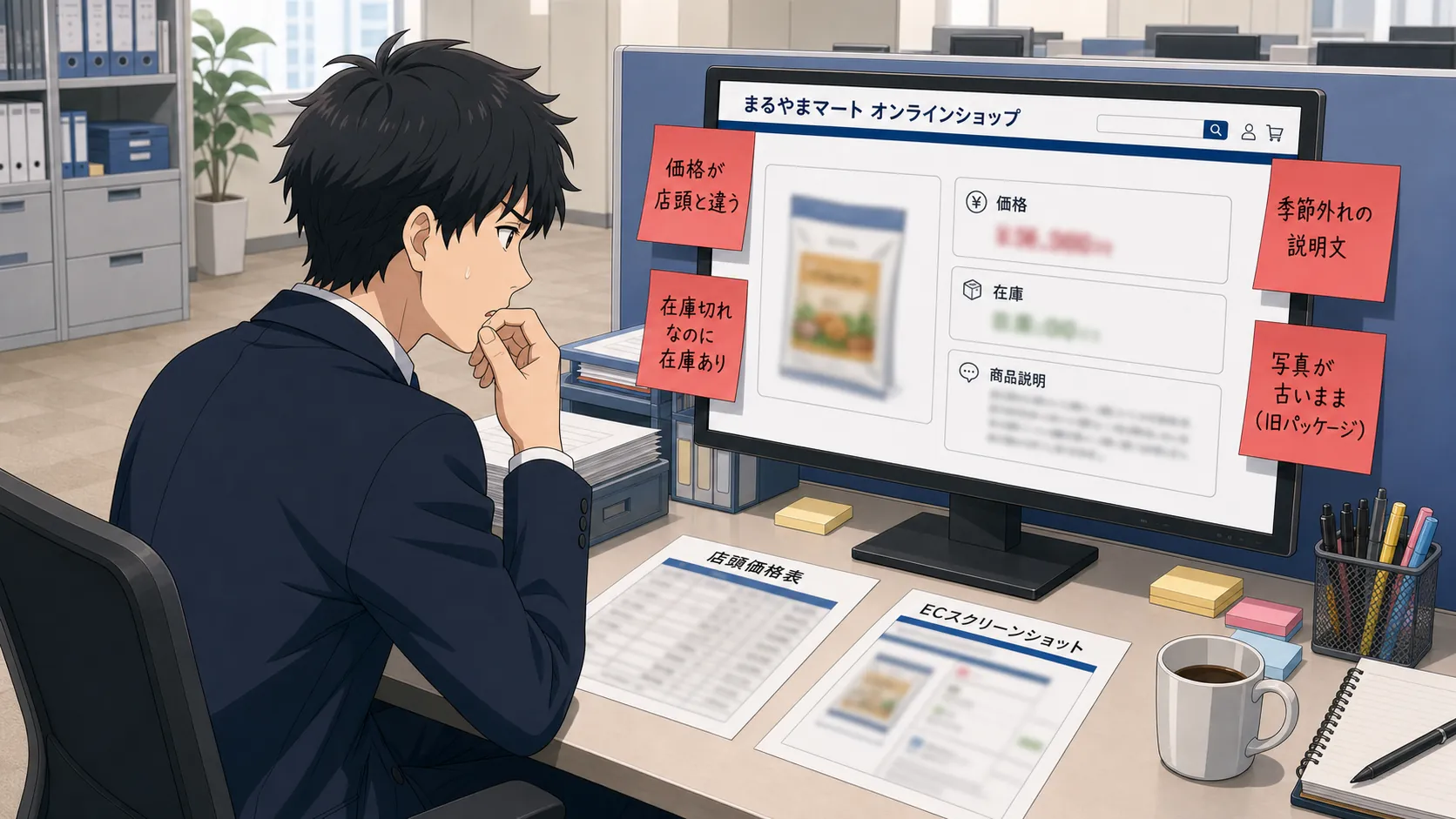 神谷がECサイトと店頭価格を見比べて問題箇所を確認している