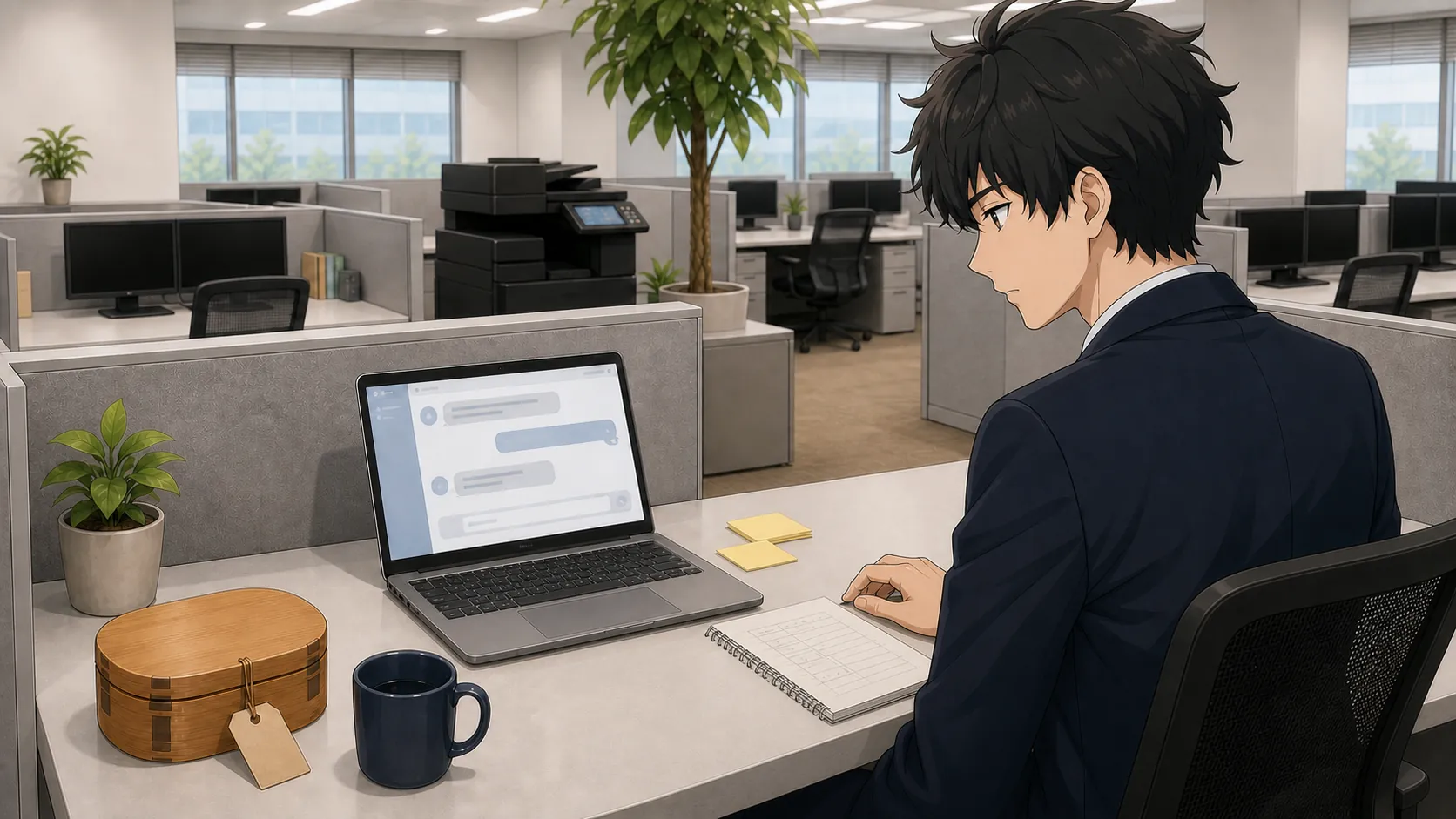 神谷悠馬がノートPCでAIチャットに初めて仕事の指示を入力している場面