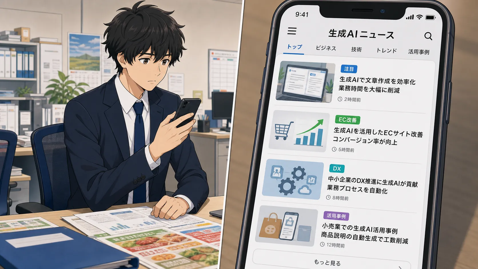 本部オフィスでスマホのAIニュースを見る神谷悠馬