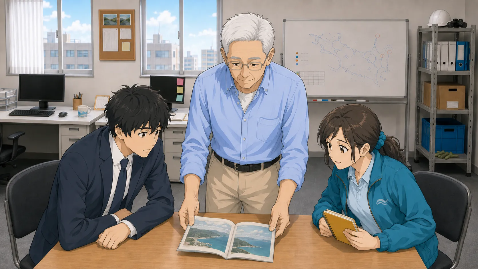 北村がスチールラックから取り出した旧版小冊子をテーブルに開き、神谷と宮本が覗き込む