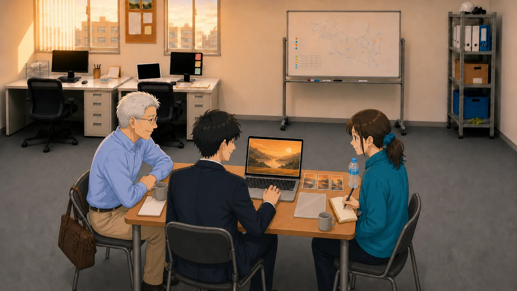 修正後の暖色系叩き台が画面に表示され、北村が満足げに見ている