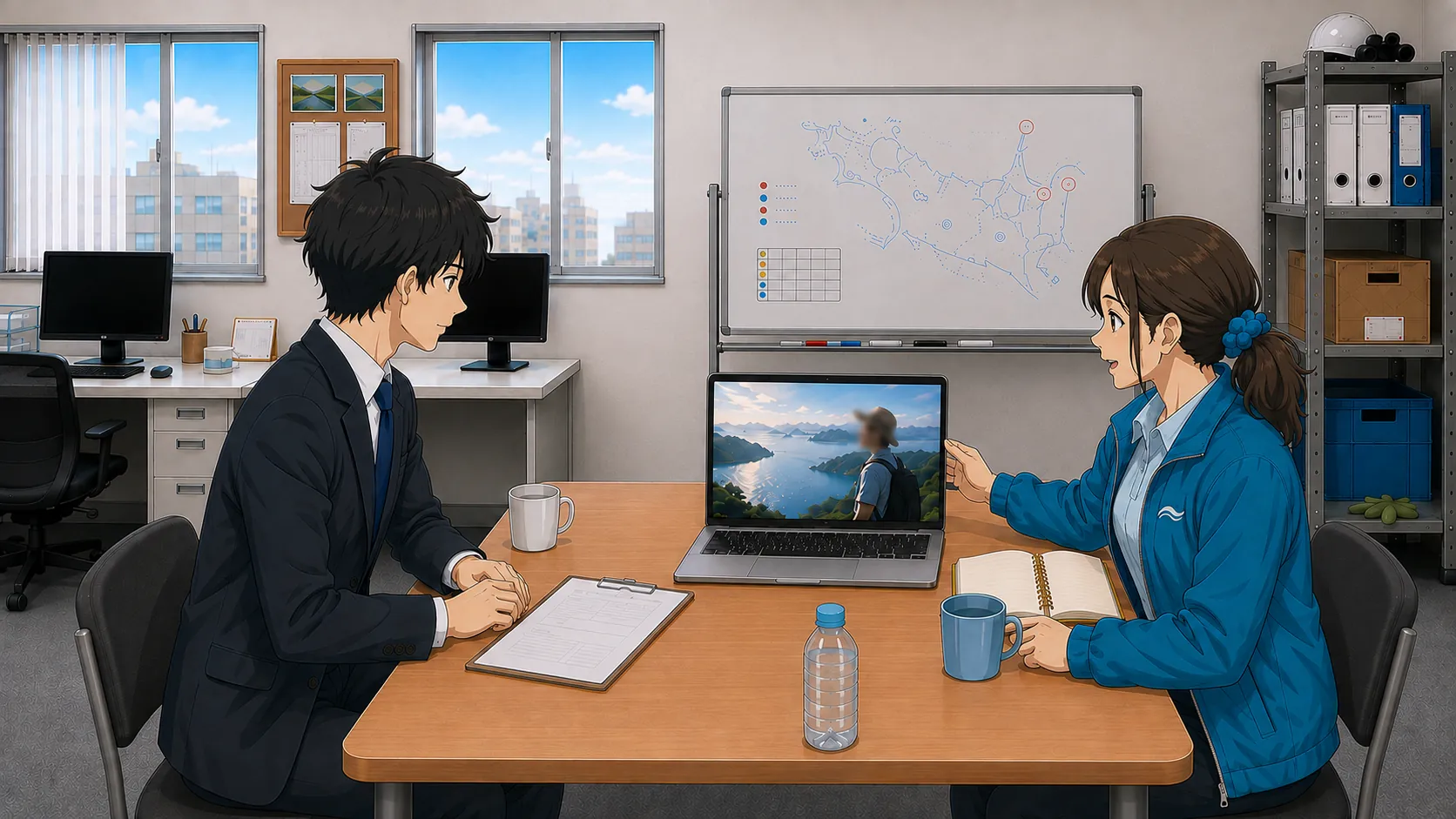 宮本がノートPCの画面で風景写真を神谷に見せている