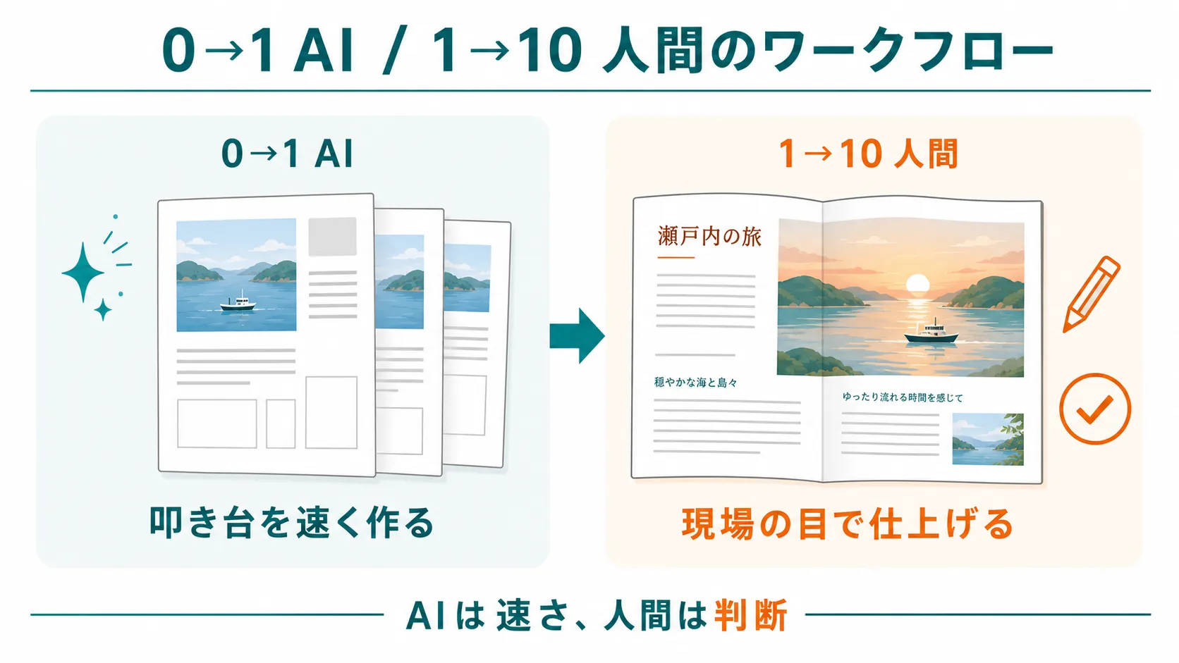 0→1 AIが叩き台を速く作り、1→10 人間が現場の目で仕上げるワークフロー図