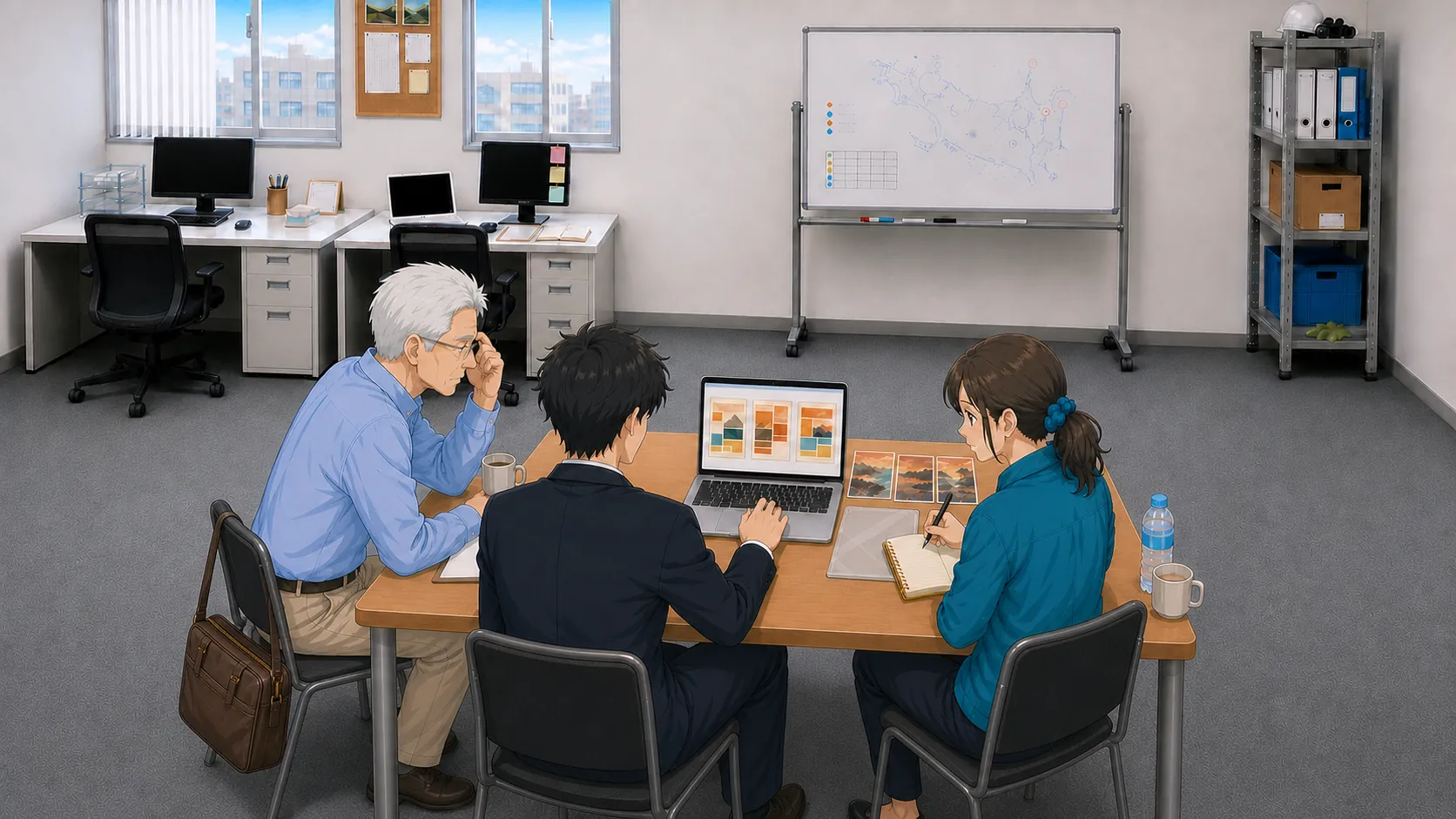 ノートPC画面にAI生成の叩き台3案が並び、北村が眉をひそめて覗き込んでいる