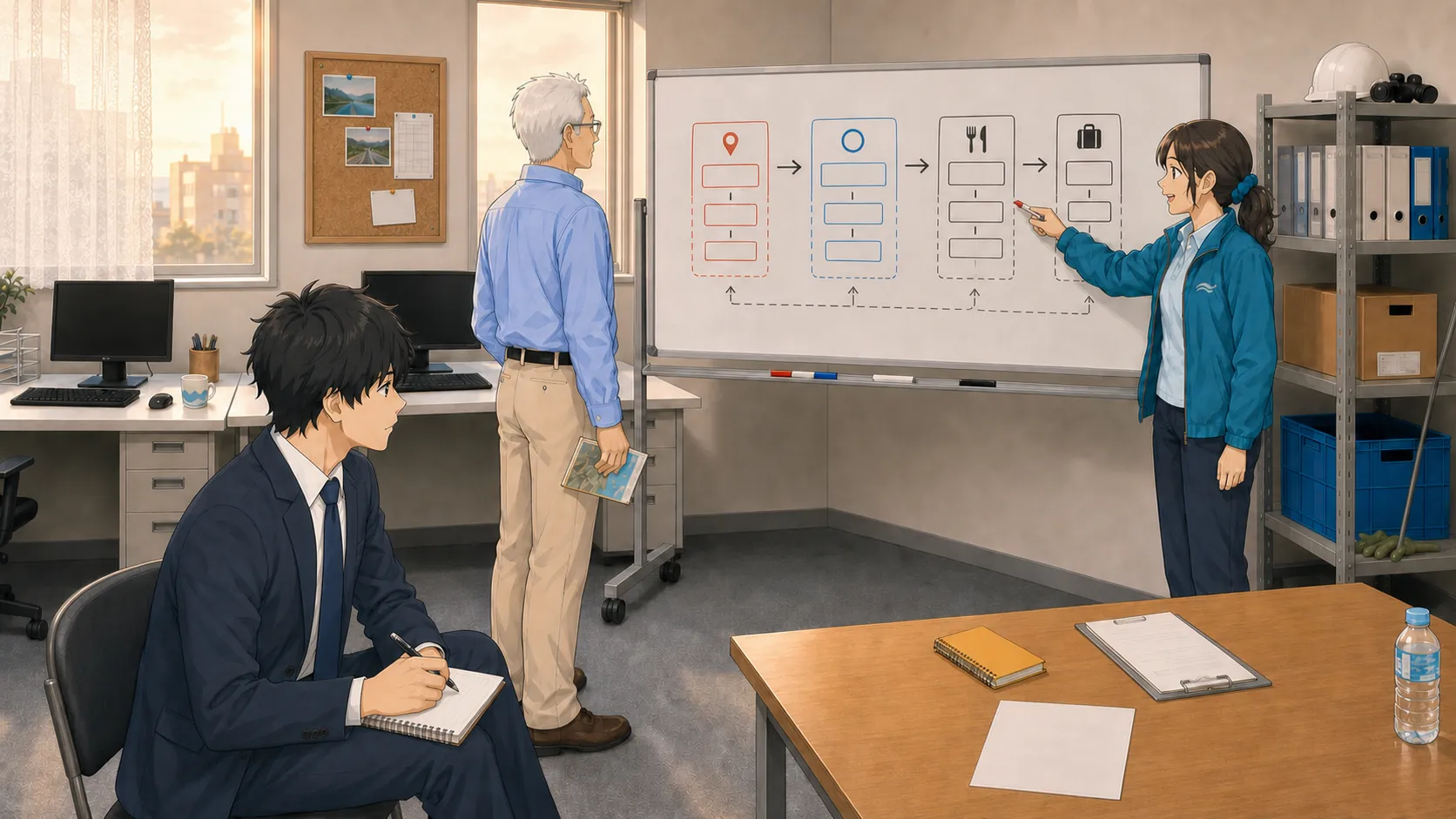 ホワイトボードに新しい目次の骨格が書き出され、北村が旧版を手に神谷・宮本と話している