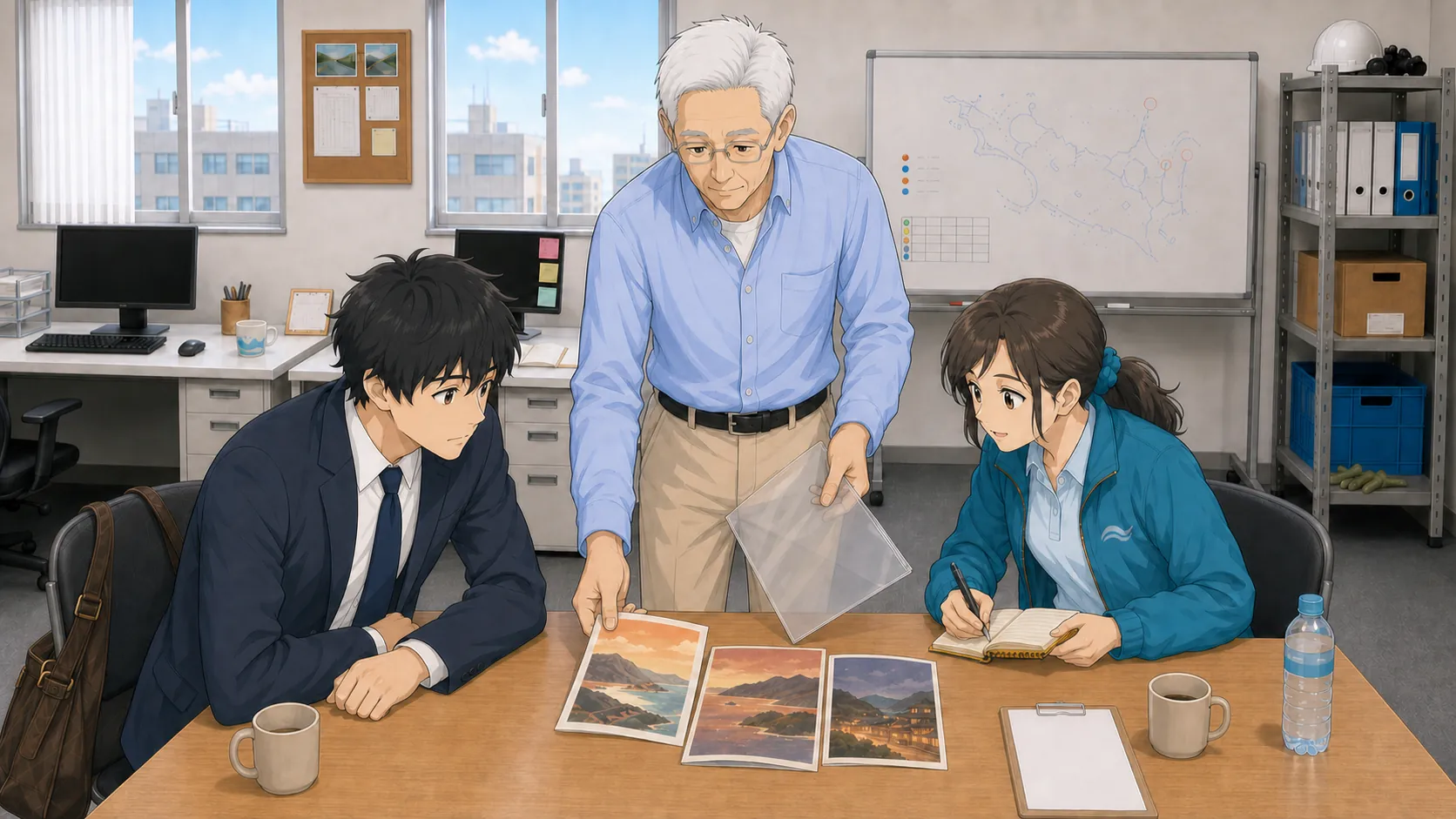 北村がショルダーバッグから参考パンフレットを取り出し、テーブルに並べて神谷と宮本が覗き込んでいる