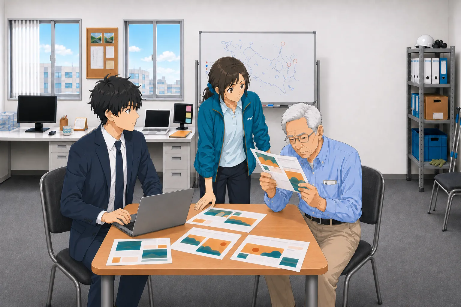 北村が校正刷りを手に取り目を細め、宮本と神谷が横で見守っている