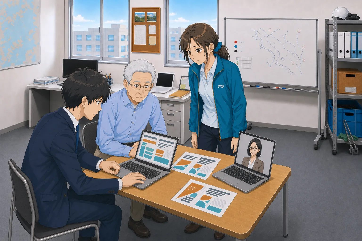 神谷がAI翻訳の出力を見せ、北村と宮本が画面を覗き込んでいる。西園寺がオンラインで参加