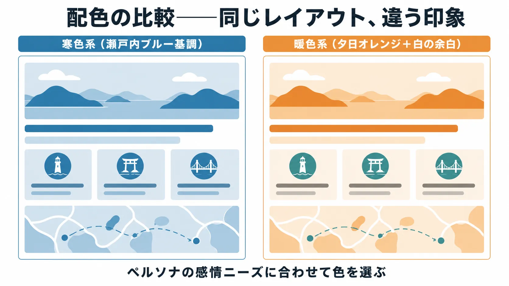 配色の比較図。左に寒色系（瀬戸内ブルー基調）、右に暖色系（夕日オレンジ＋余白）の同一レイアウト