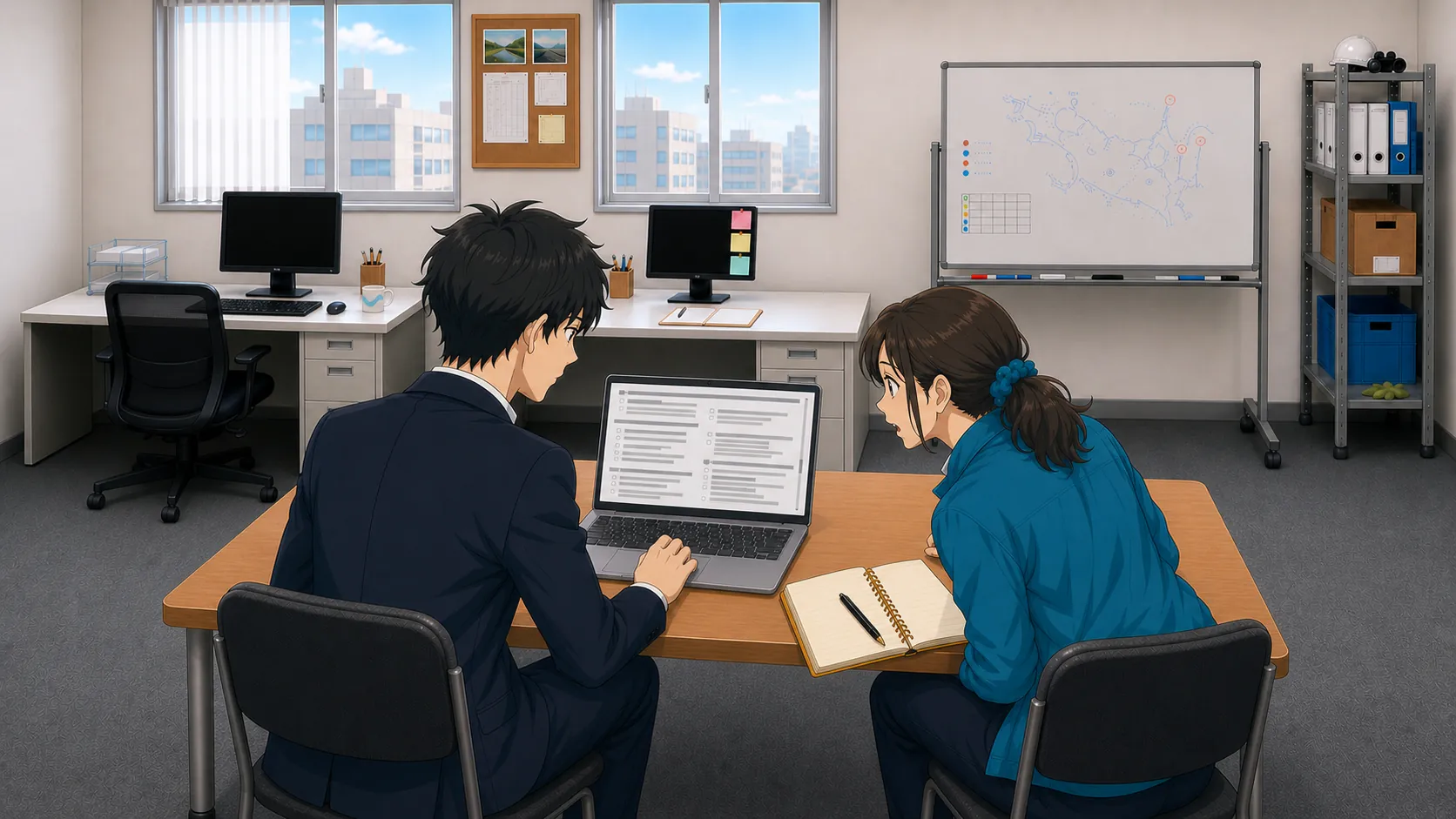 神谷がノートPCでフリー素材サイトの利用規約を確認し、宮本が驚いている