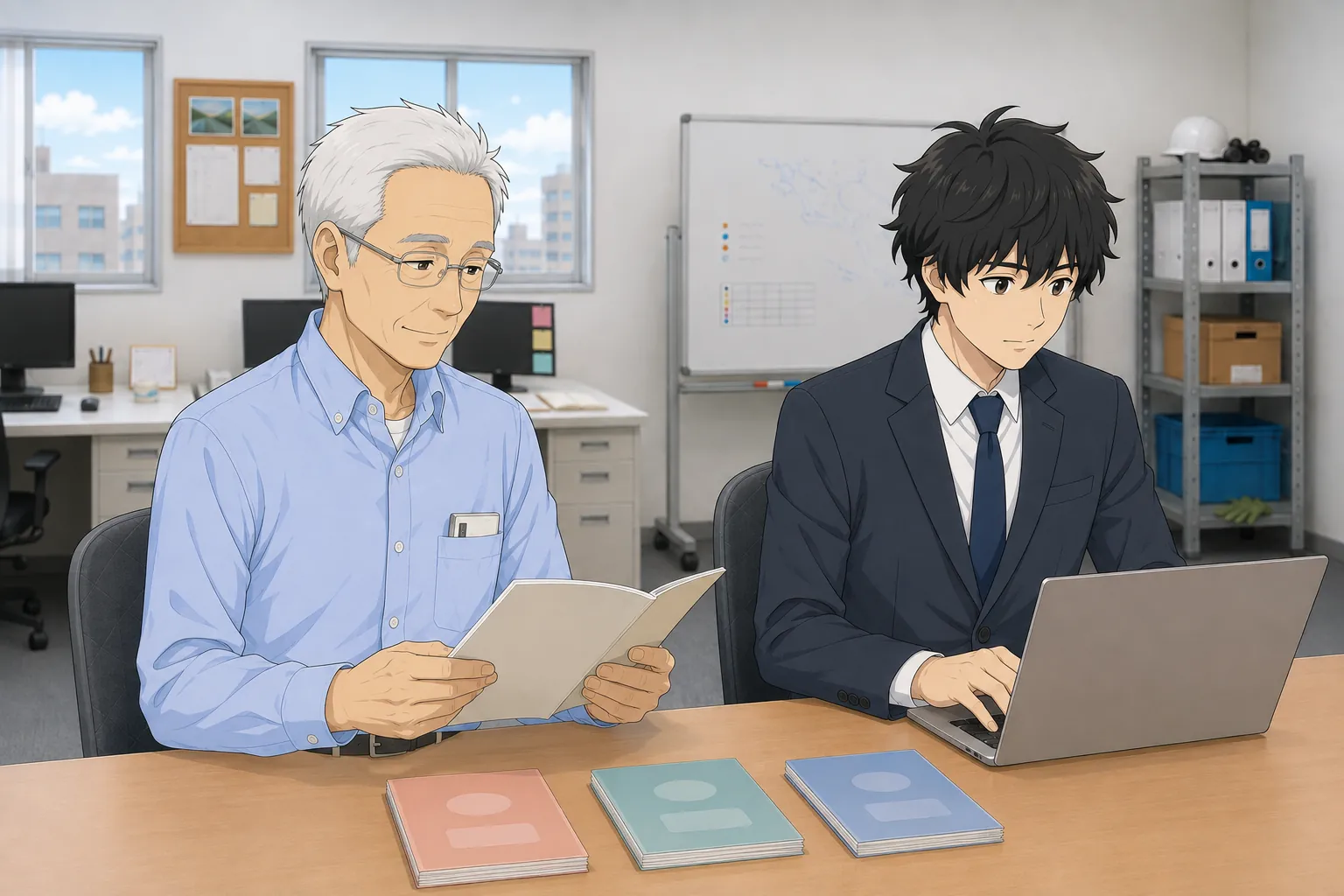 北村が校正刷りを手に満足げに眺め、神谷がノートPCでAIに法的チェックを依頼している