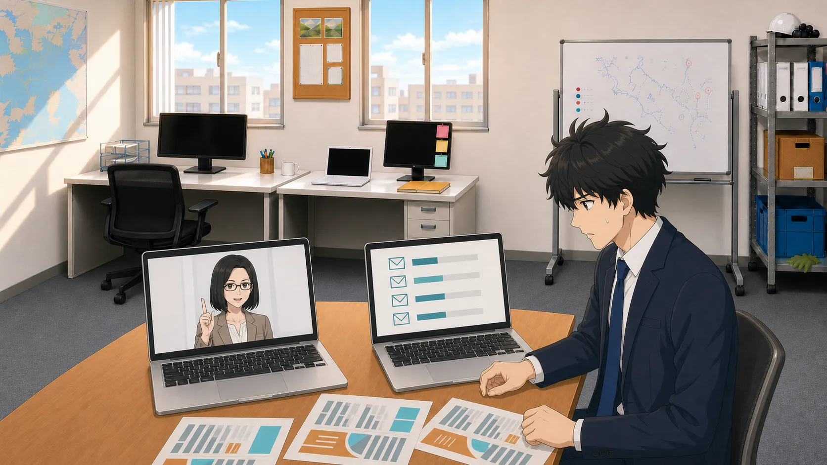 神谷がノートPCに表示された印刷所からのメールを見て困惑し、隣のPCで西園寺がオンライン解説をしている