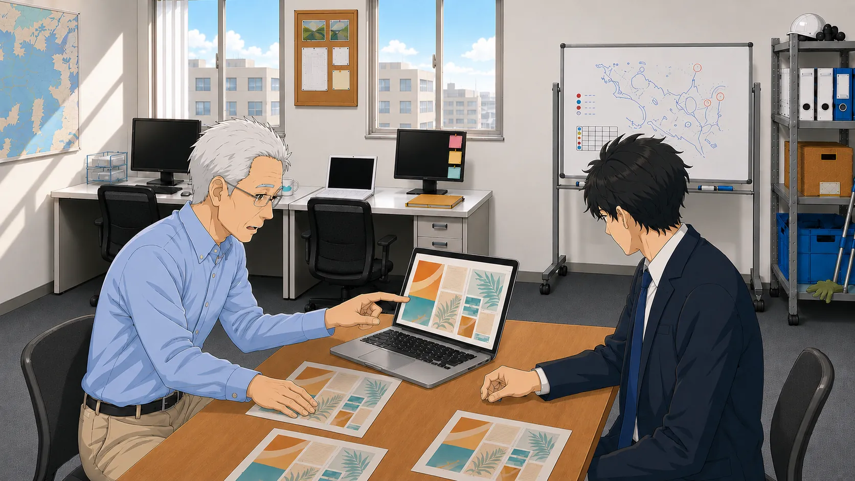 北村がテスト印刷を手に持ちノートPCの画面と見比べ、色の違いに困惑している