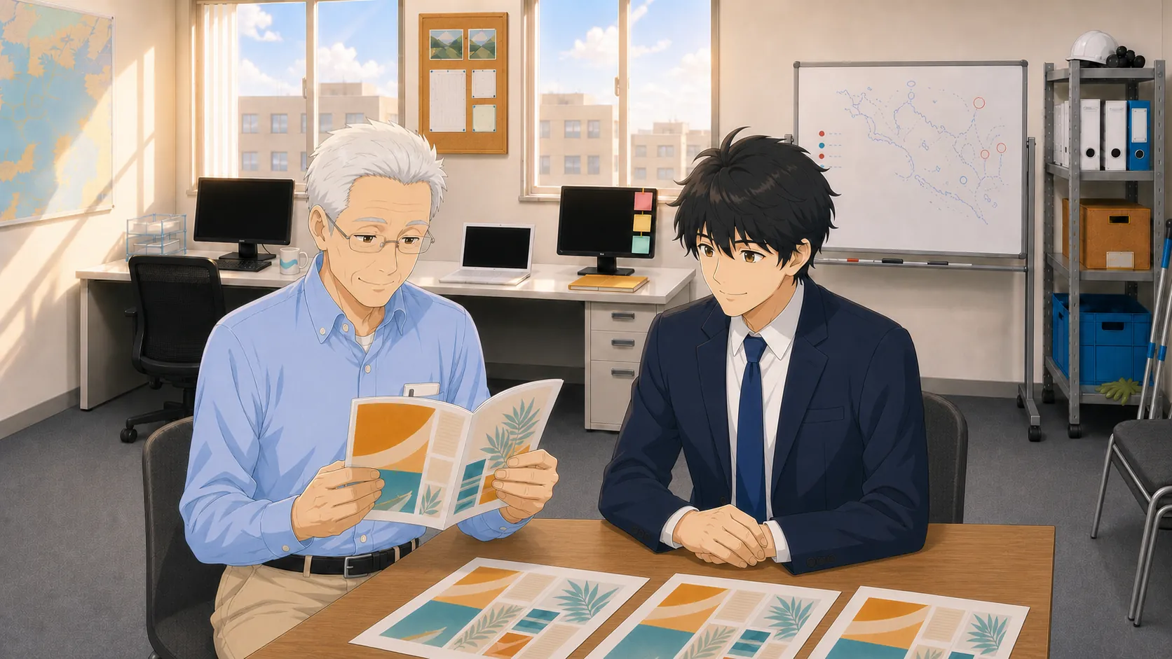 北村が色の決まった小冊子のテスト印刷を両手で持ち穏やかに眺め、隣で神谷が微笑んでいる