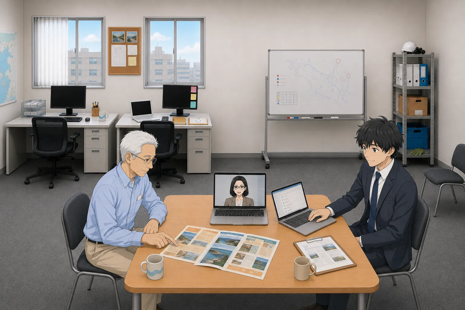 修正済みの校正刷りを前に北村が安堵し、神谷がノートPCにチェックリストを表示している