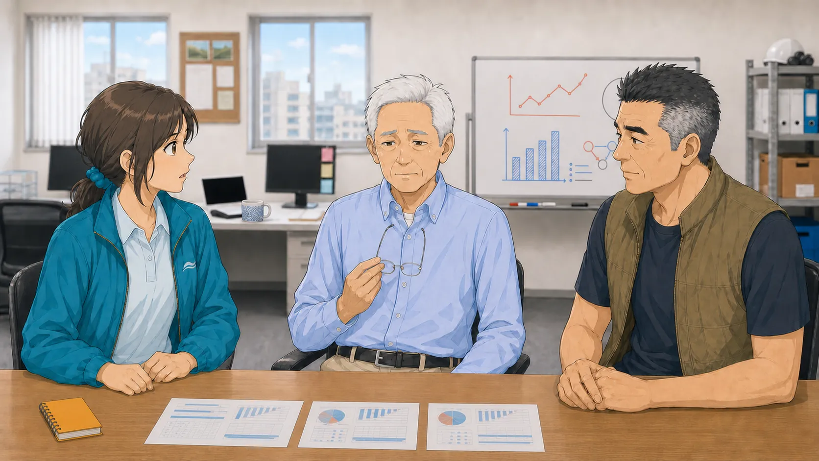 北村が目を潤ませて眼鏡を胸元で持ち、宮本が驚いた表情で見ている場面