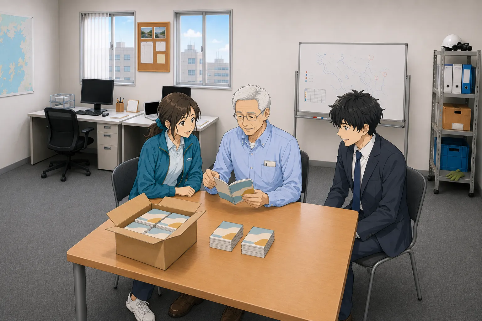初秋の朝の事務所で、北村が完成した小冊子を手に取りページをめくり、宮本と神谷が横で見守っている
