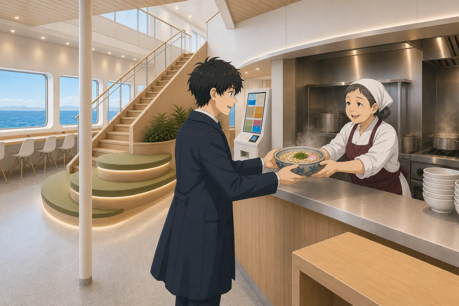 ジャンボフェリー船内のうどん売店で、売店のおばちゃんがカウンター越しに丼を差し出し、神谷が笑顔で受け取る場面