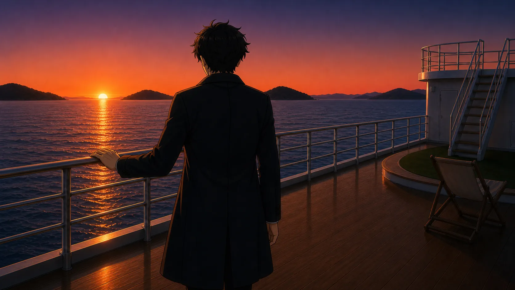 瀬戸内海に沈む夕日を背に、ジャンボフェリーのデッキ手すりに寄りかかる神谷のシルエット。海面にオレンジの光の道が伸びる最終カット