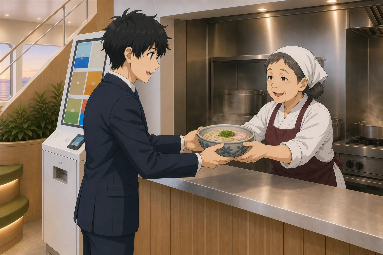 フェリー船内のうどん売店で、おばちゃんが湯気の立つカウンター越しに神谷にうどんを勧めている