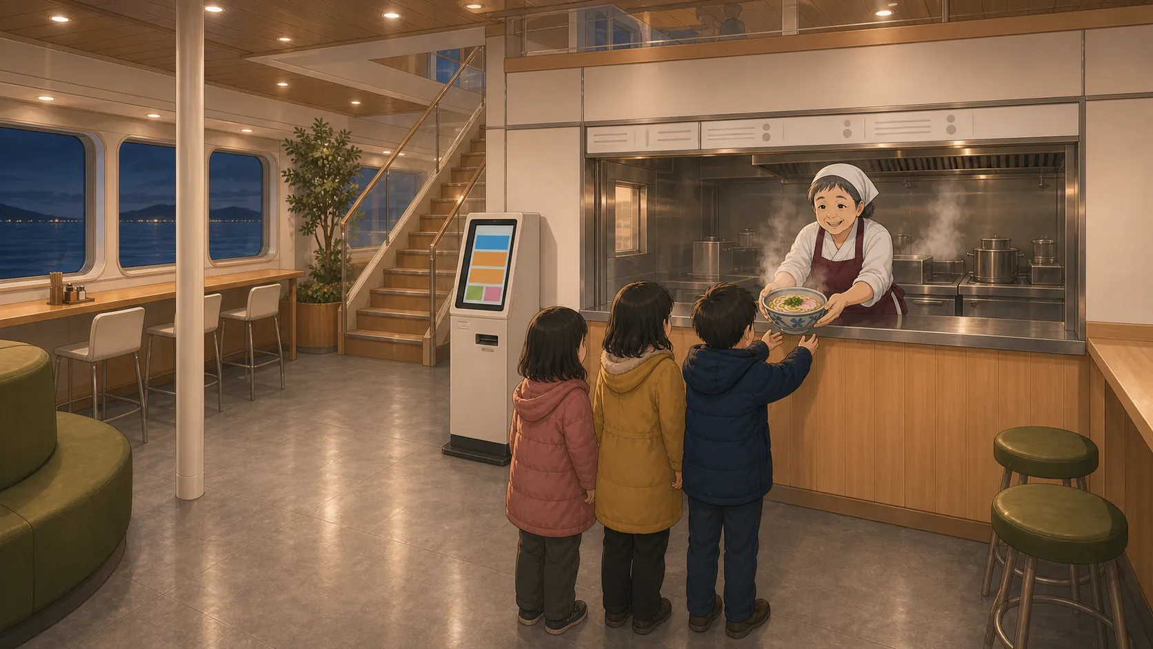 翌朝の船内うどん売店で、売店のおばちゃんがカウンター越しに子どもたちに湯気の立つうどんを差し出している場面