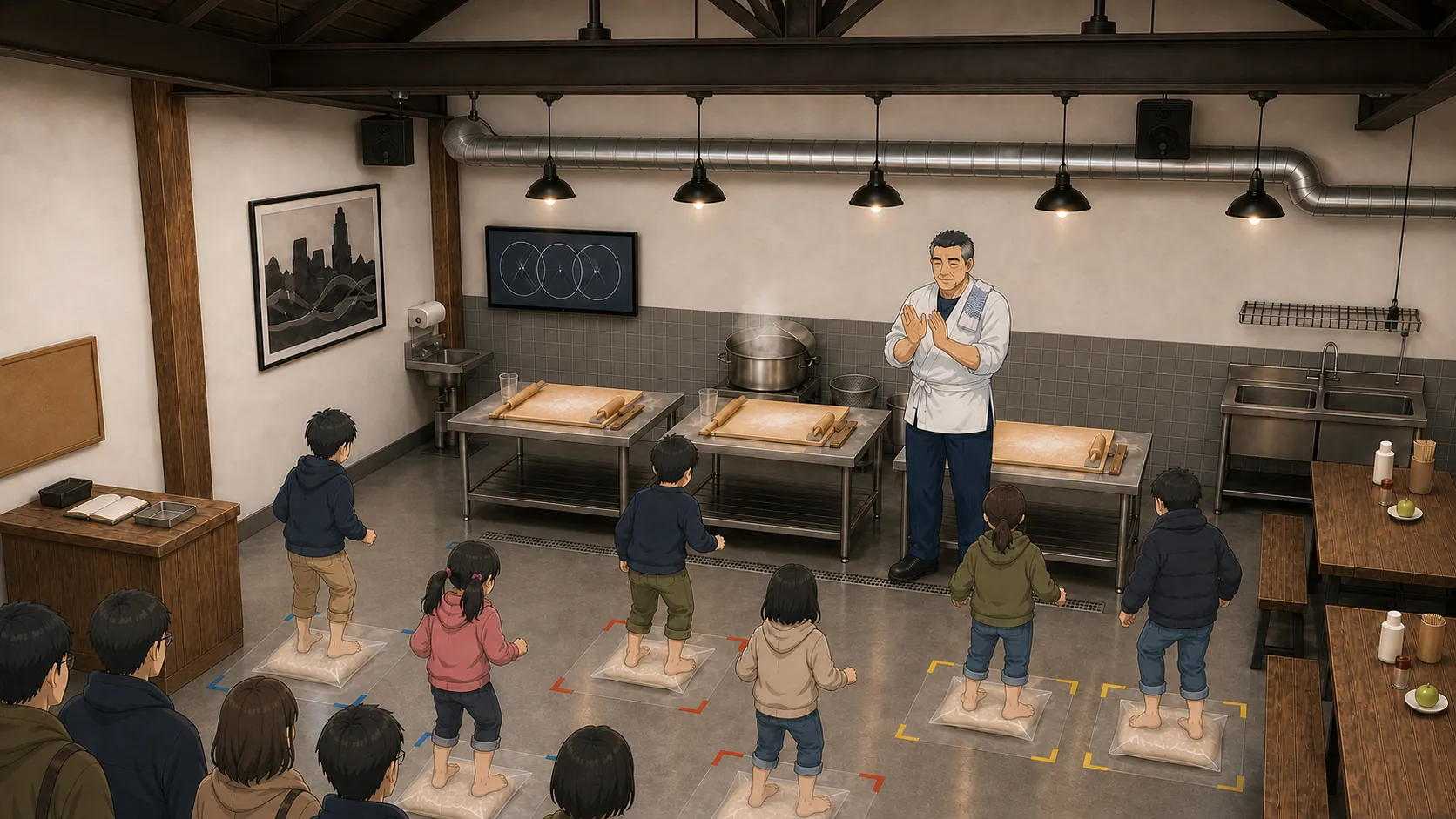 さぬきビートで踊りながらうどん生地を足踏みする子どもたちと手拍子をとる藤原