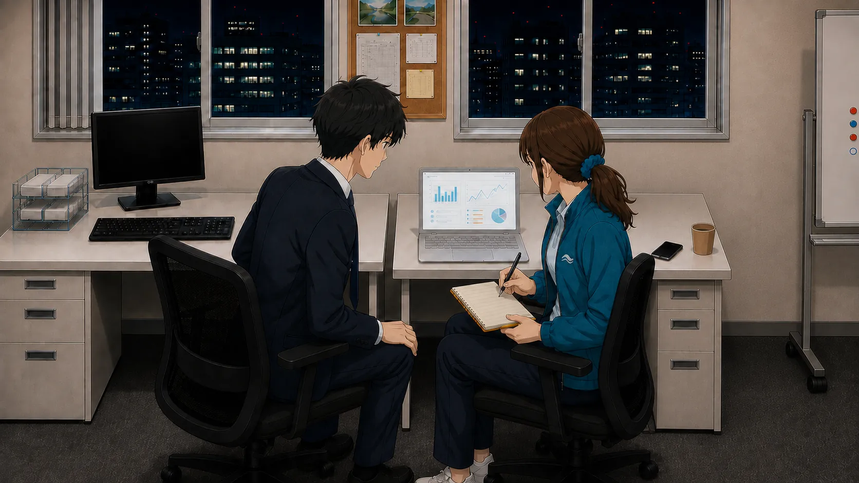 晩秋の夜の事務所で神谷と宮本がノートPCのSNS分析画面を見つめている場面
