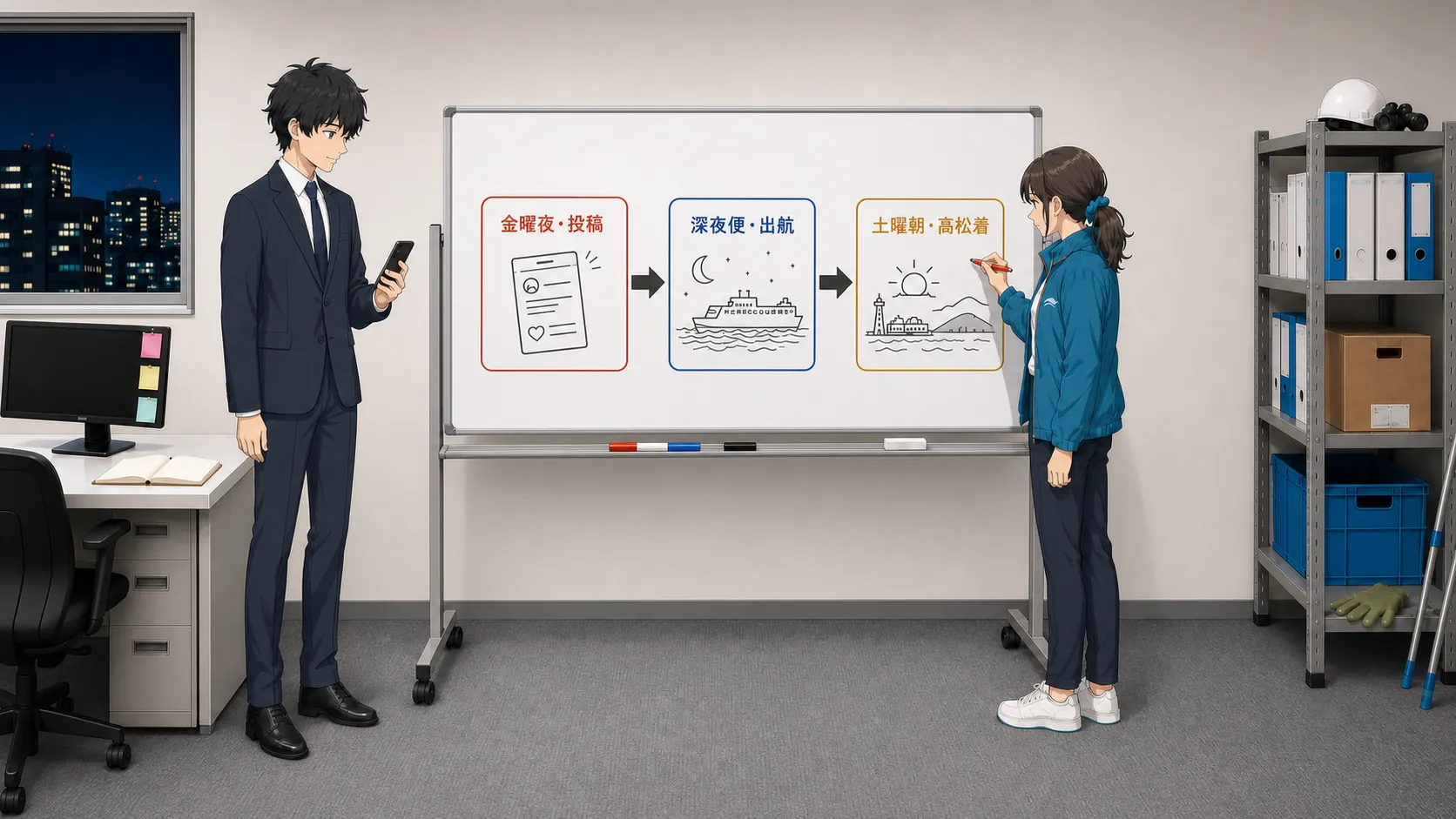 事務所で宮本がホワイトボードに投稿コピーとタイムラインを書き出している場面