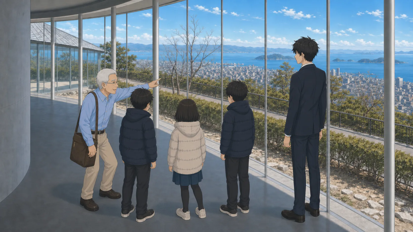 やしまーるの回廊で子どもたちに瀬戸内海を指さしながら歴史を語る北村