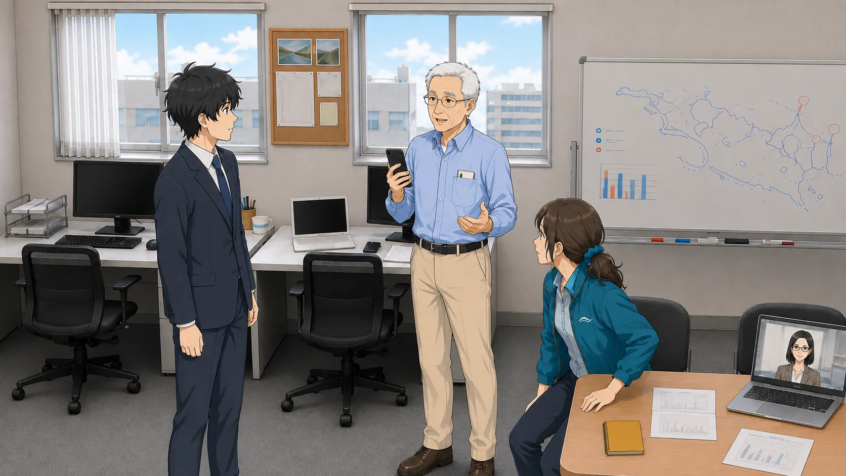 電話を終えた北村が携帯を握りしめ、宮本が驚いて立ち上がりかけるオフィスの場面
