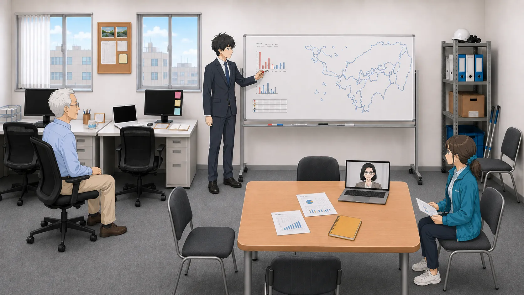 せとうちマーレブルのオフィスで神谷がホワイトボードにデータを書き出し、北村と宮本が見守る場面