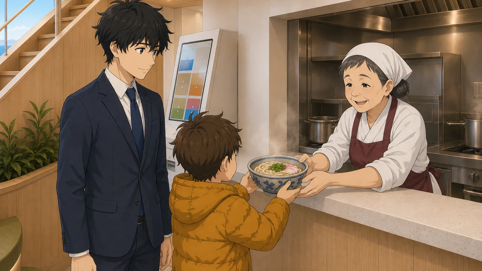 フェリー船内のうどんカウンターで売店のおばちゃんが子どもに丼を渡し、神谷が微笑んでいる場面