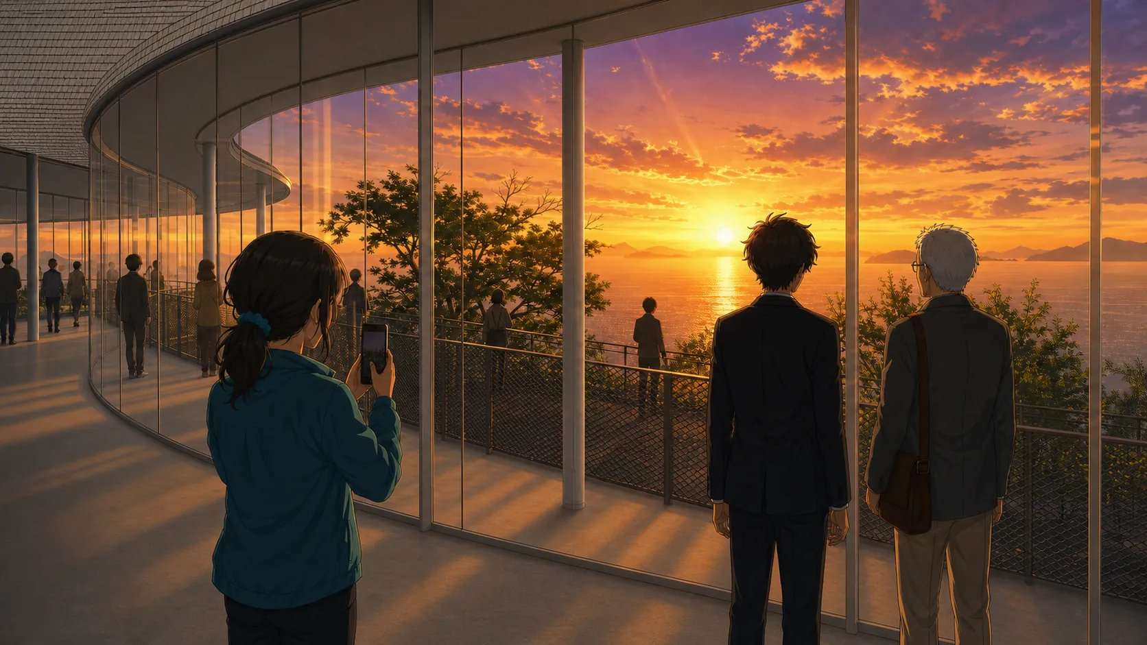 夕日に染まるやしまーるのガラス回廊と瀬戸内海のオレンジのパノラマ