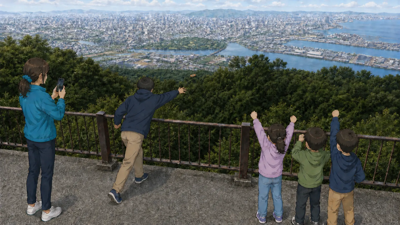 獅子の霊巌でかわらけ投げ体験をする参加者と瀬戸内海のパノラマ