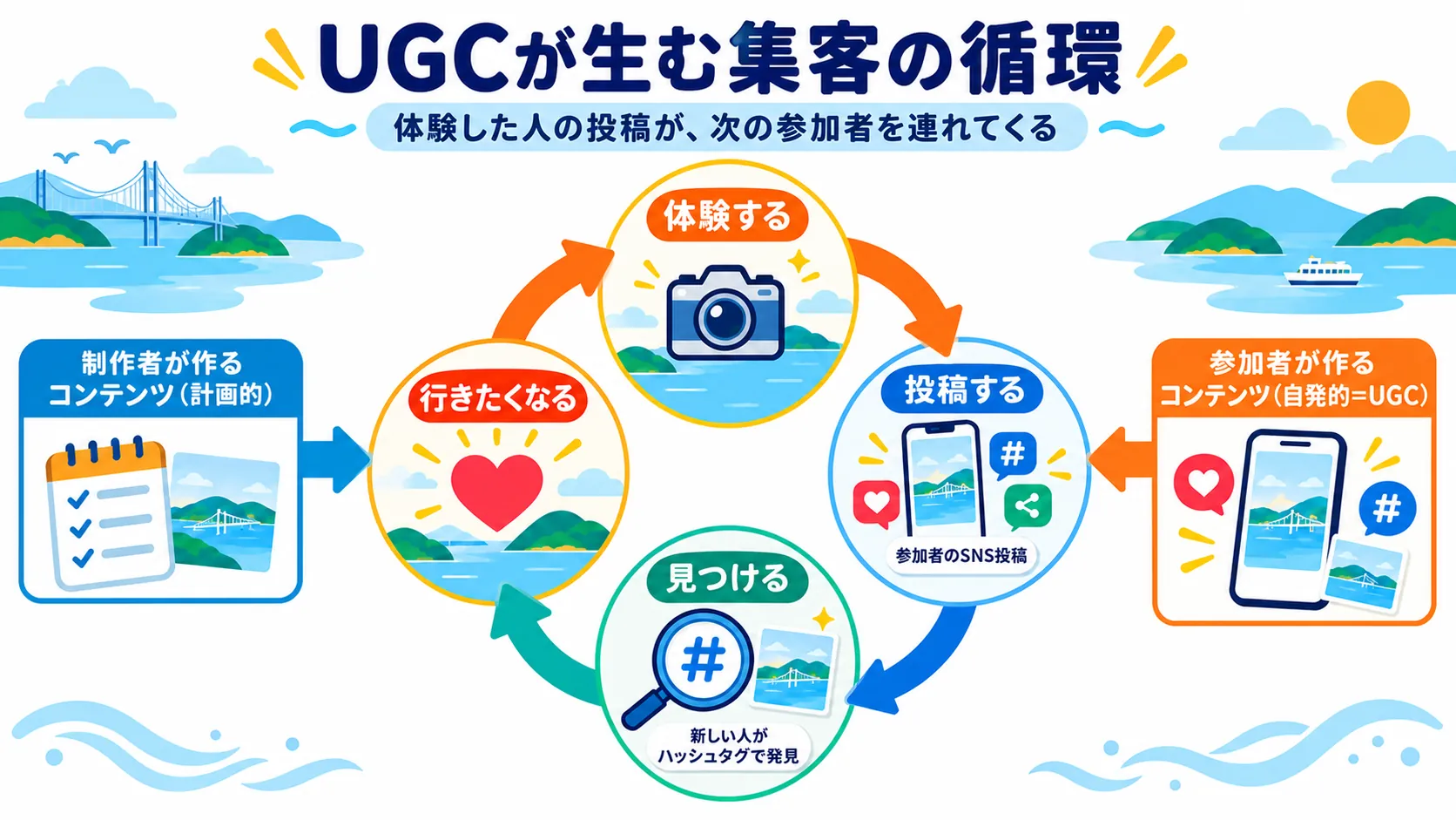 UGCが生む集客の循環図。体験→投稿→発見→行きたくなる→体験のサイクル
