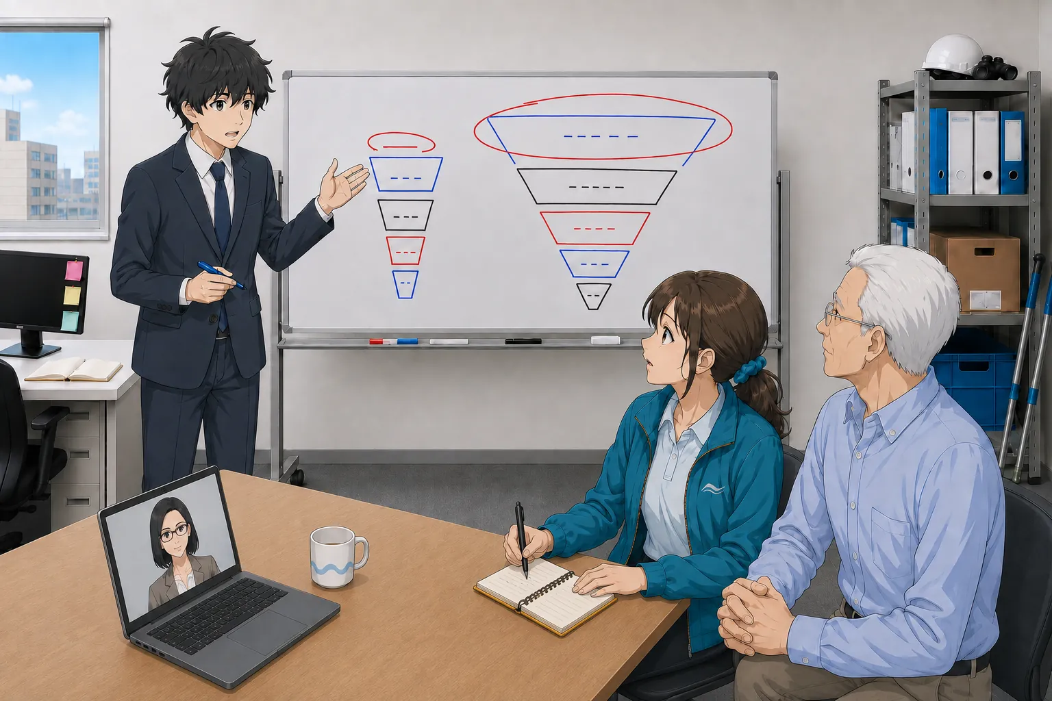 神谷がホワイトボードにスーパーと観光の2つのファネル図を描き、北村と宮本が認知の差を見つめている