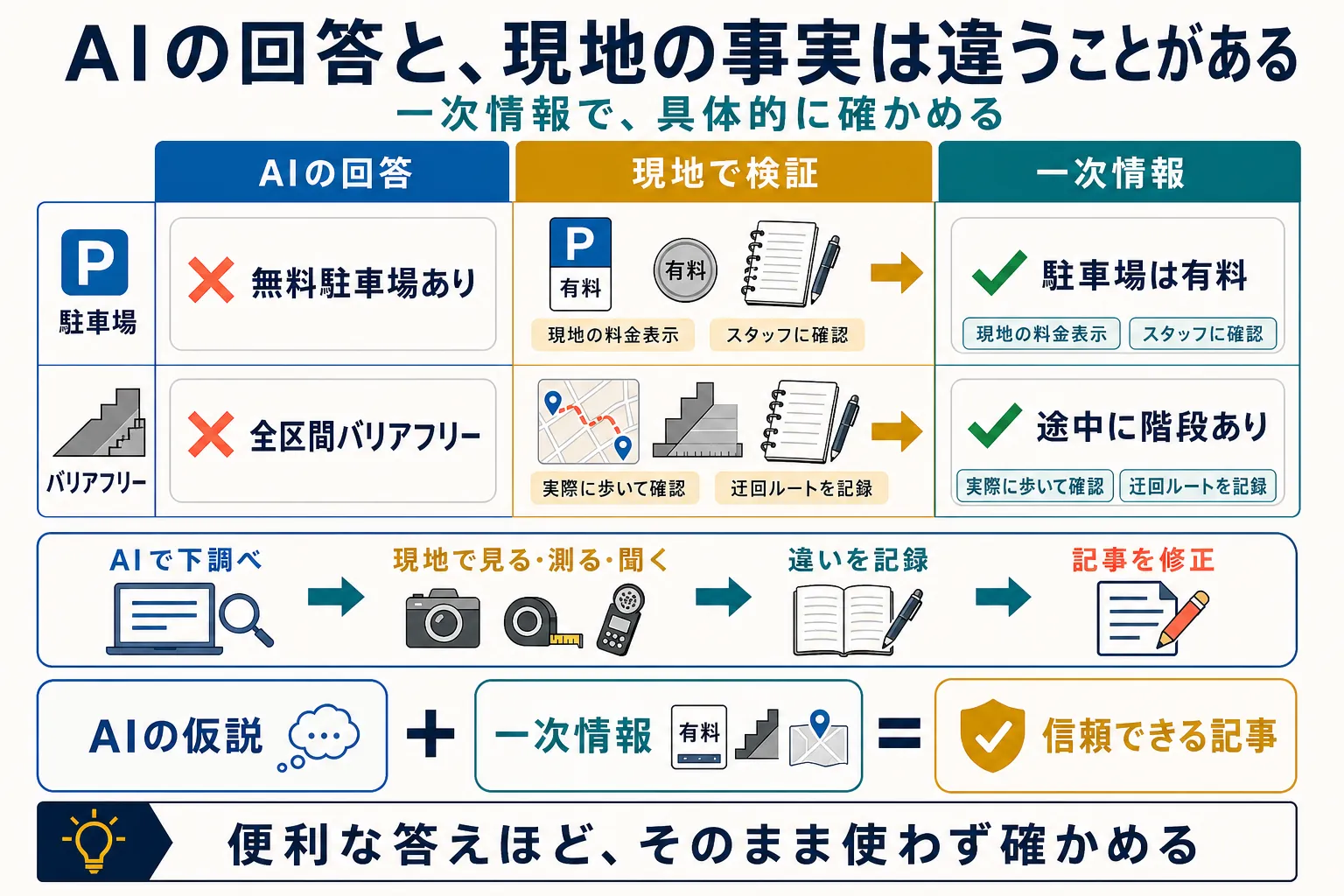 AI回答を現地で検証し、無料駐車場を有料、全区間バリアフリーを途中に階段ありへ訂正する比較表