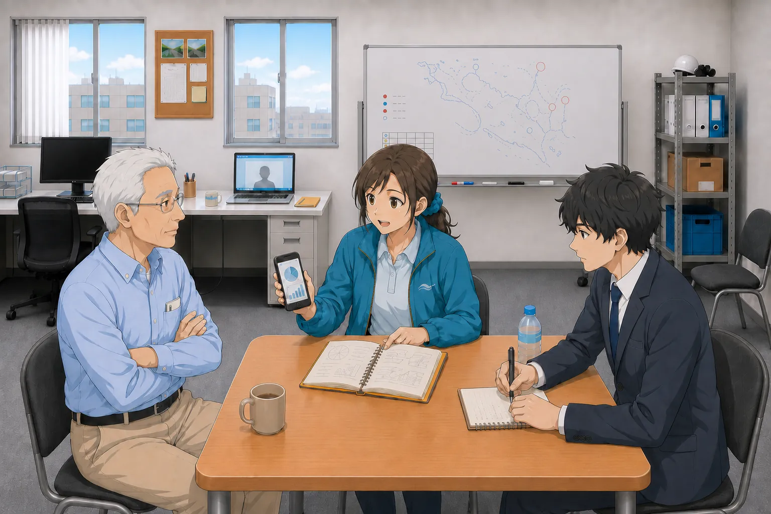 せとうちマーレブル事務所で、宮本がフィールドノートとスマートフォンを見せながら問い合わせの傾向を北村と神谷に説明している
