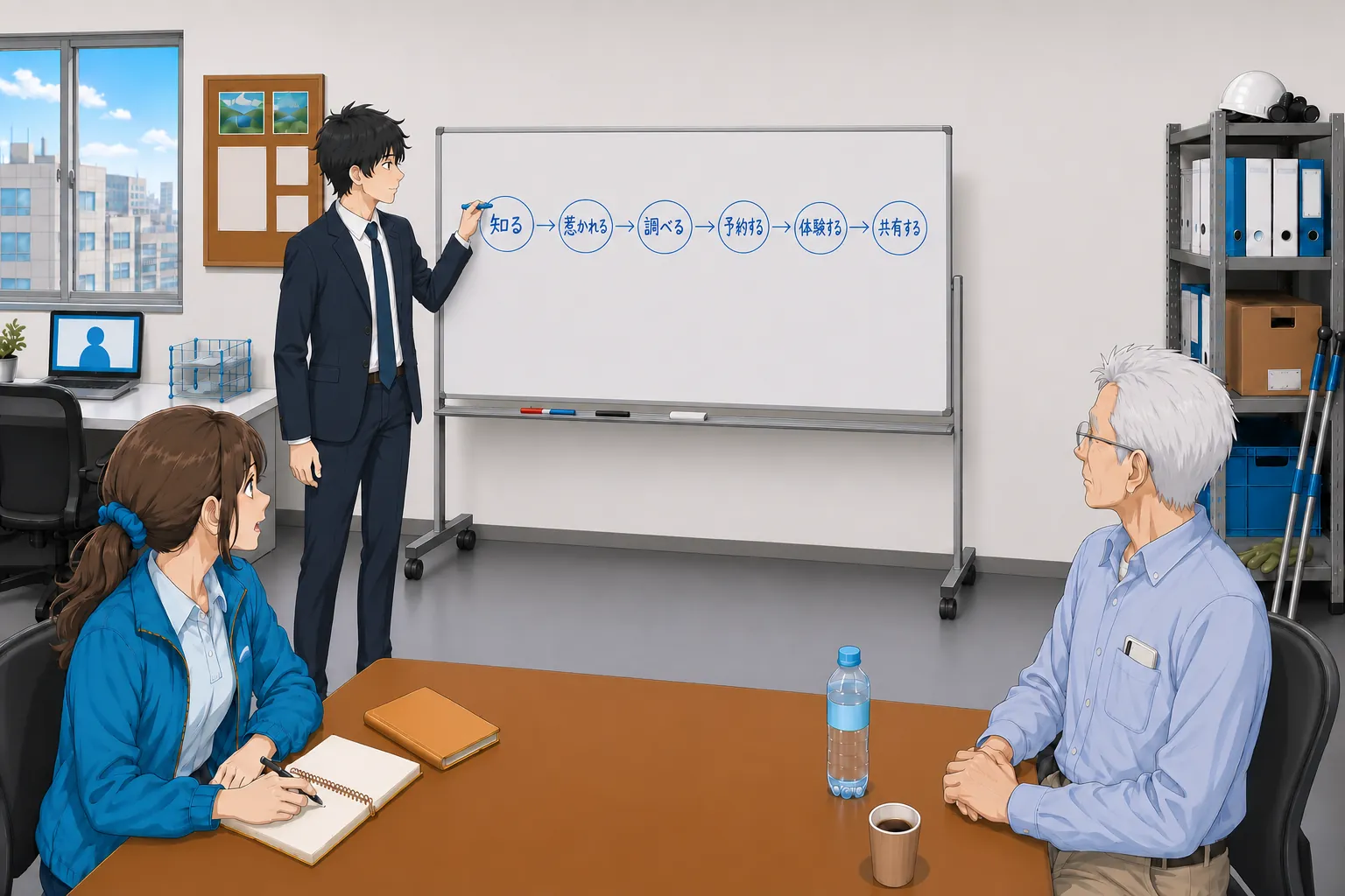 神谷がホワイトボードにカスタマージャーニーの6ステップを書き込んでいる。宮本と北村が椅子に座って見つめている