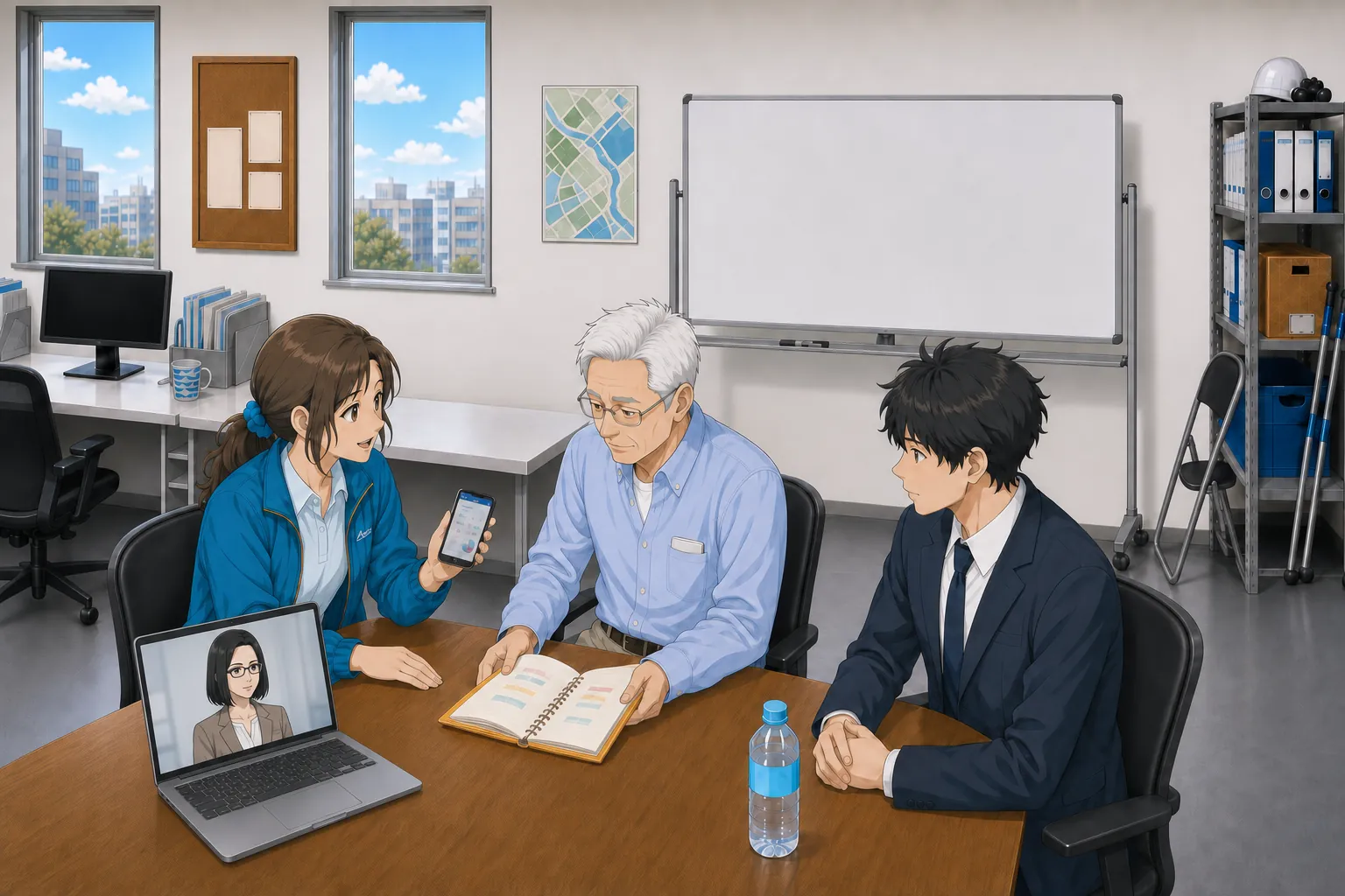 せとうちマーレブル事務所で、宮本がフィールドノートとスマートフォンを見せながら問い合わせの傾向を北村と神谷に説明している