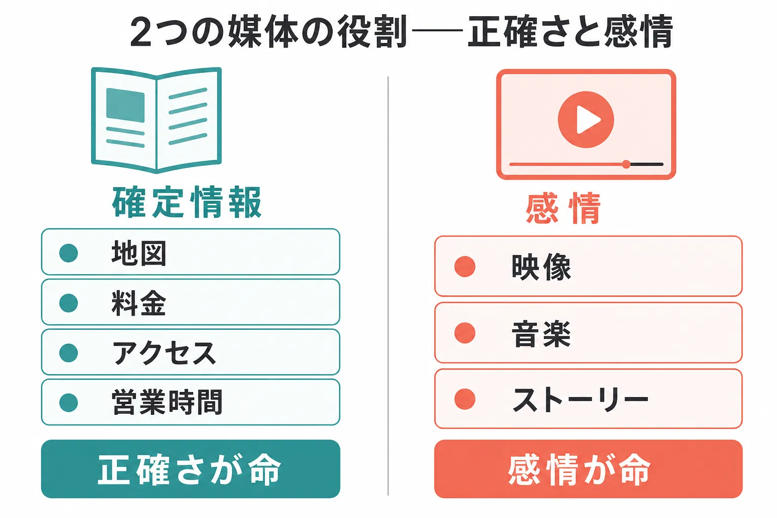 小冊子と動画の役割の違いを示す概念図。小冊子は正確さが命、動画は感情が命