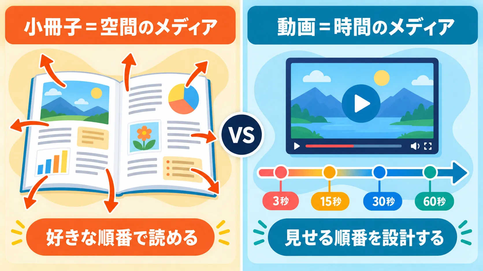 小冊子は「空間のメディア」、動画は「時間のメディア」という違いを示す対比図