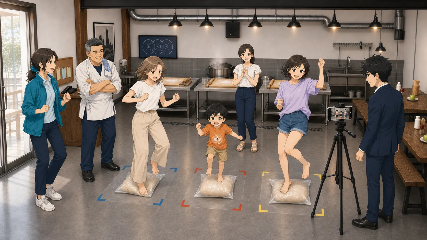 さぬき体験工房で友達2人と子どもが音楽に合わせてうどんの生地を踏みながら踊り、神谷が三脚のスマホで撮影している