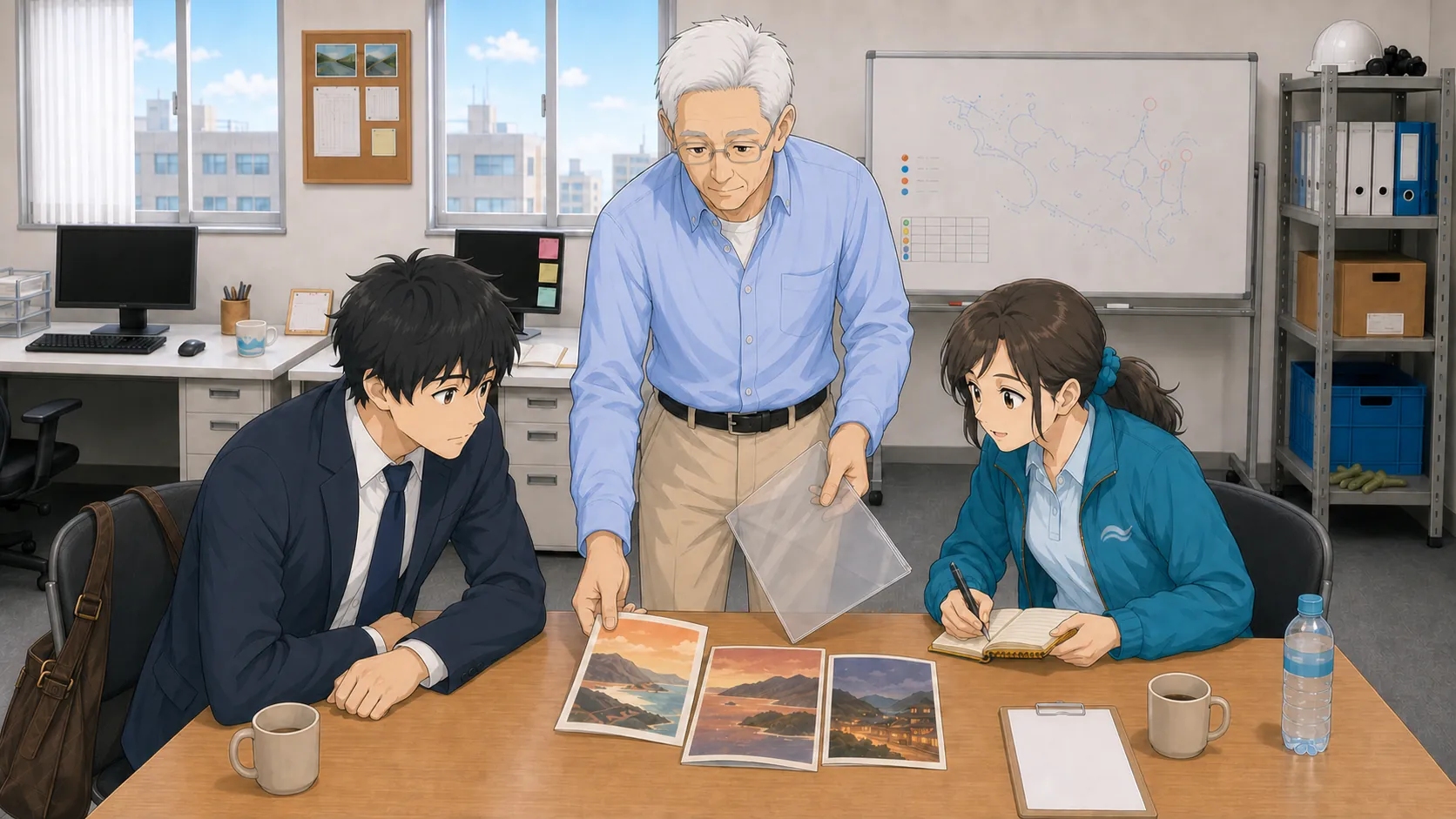 取材素材をテーブルに広げ、ホワイトボードで整理する宮本と、スタッキングチェアで素材を見る神谷・北村