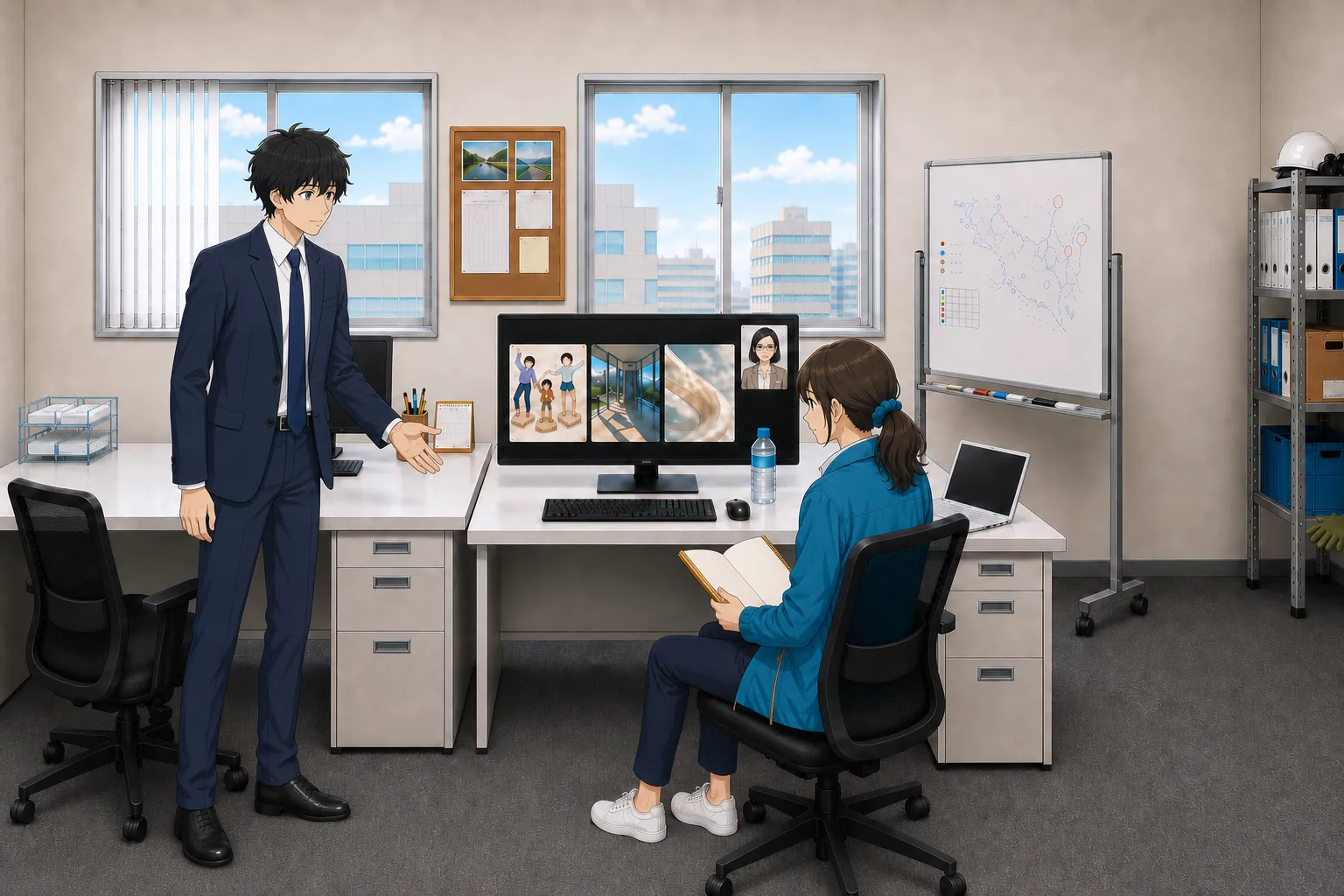 事務所のPCモニターに冒頭3秒の候補3カットが並び、神谷と宮本が比較検討している場面