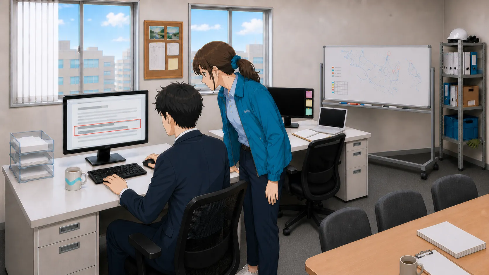 事務所のPCモニターにフリー素材の利用規約が表示され、神谷と宮本が商用不可の条件を確認している場面