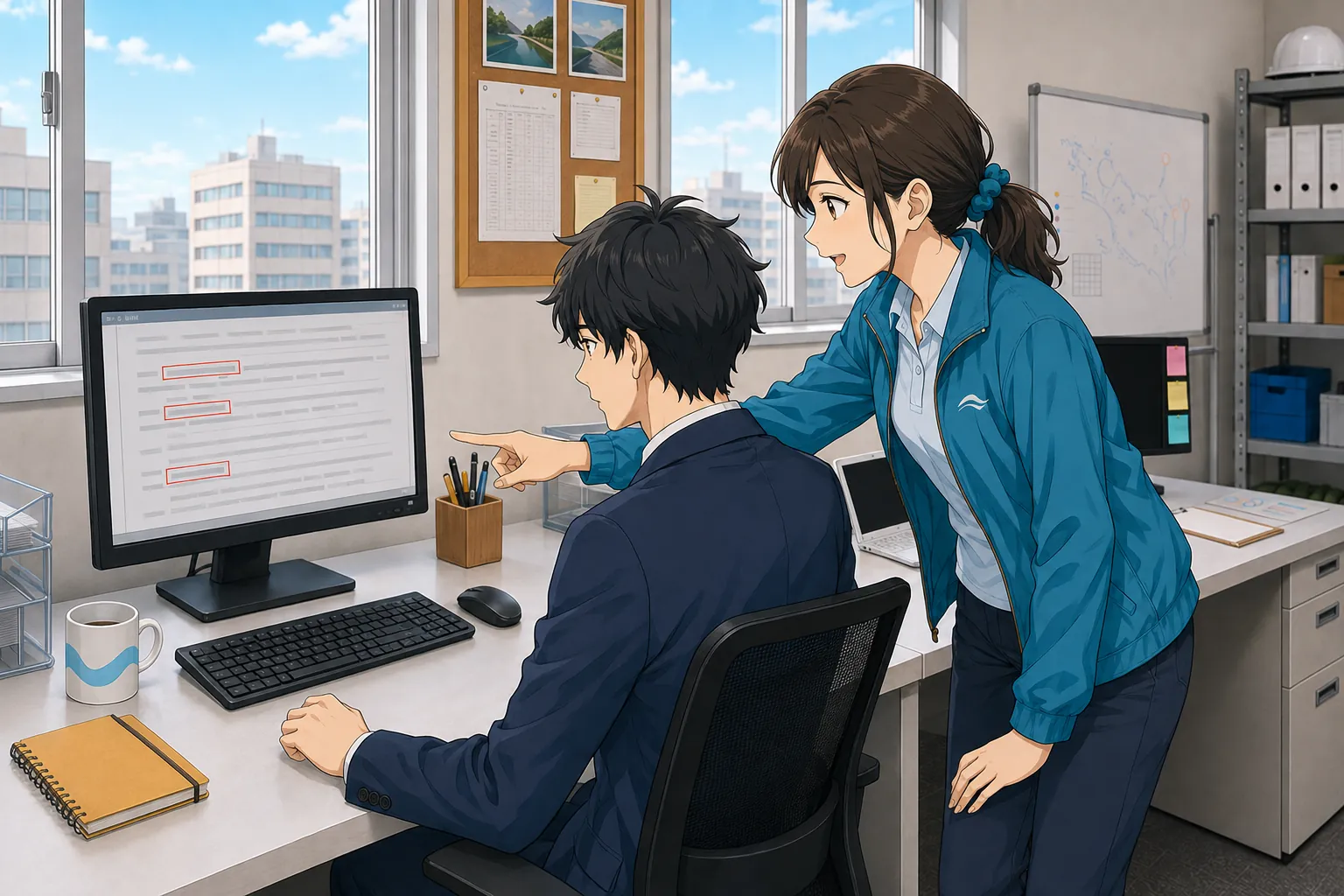 事務所のPCモニターにAI文字起こしの結果が表示され、神谷と宮本が誤変換箇所を確認している場面