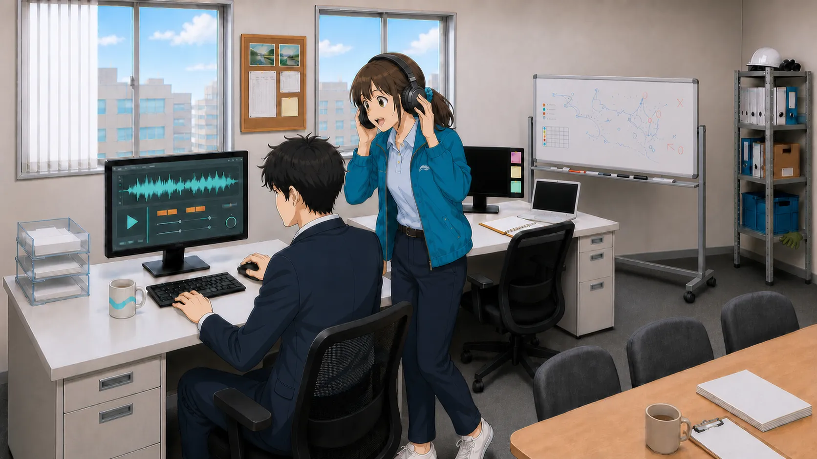 事務所のPCでAI音楽生成ツールを操作する神谷と、ヘッドフォンで生成された曲を試聴する宮本の場面