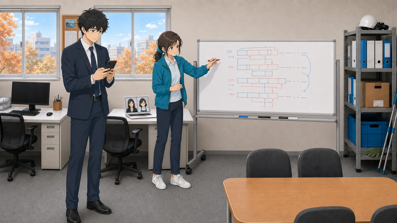 事務所のホワイトボードの前で宮本がマーカーを手にコンテンツカレンダーを書き出し、横で神谷がスマートフォンを見ている場面